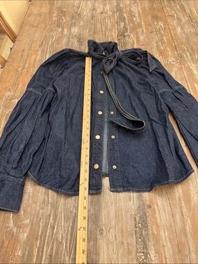Denim Tie-Neck Button-Front Jacket - Dark Blue